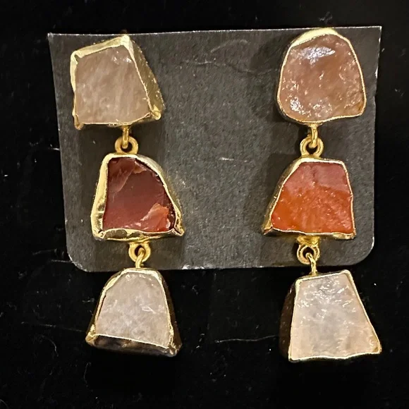 Elegant Gold and Brown Stone Drop Earrings - Picture 2 of 3